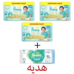 3 بسته پوشک 42 عددی پریما سایز پنج لهستانی + یک دستمال مرطوب پمپرز (هدیه)