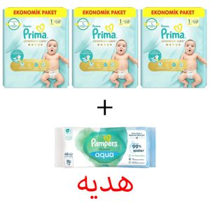 3 بسته پوشک 60 عددی پریما سایز دو لهستانی + یک دستمال مرطوب پمپرز (هدیه)